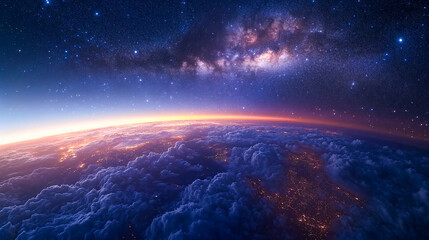 Wall Mural - Stunning View of Stars and Milky Way Above Earth Glow at Night from Space Showing Cloud Formations and City Lights, Perfect for Inspirational and Educational Purposes
