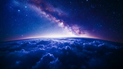 Wall Mural - Stunning View of Stars and Milky Way Above Earth Glow at Night from Space Showing Cloud Formations and City Lights, Perfect for Inspirational and Educational Purposes