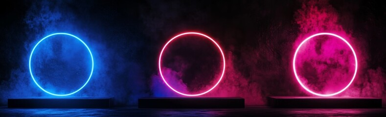 Poster - Stylish 3D render of blue and pink neon light ring podiums for product display against a dark backdrop