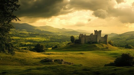 Wall Mural - Majestic medieval castle stands tall amid rolling green hills under a dramatic cloudy sky