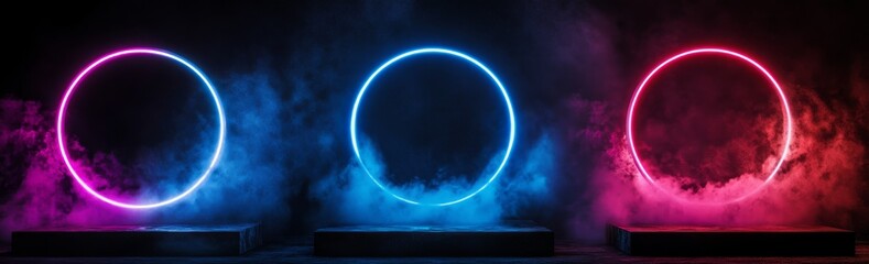 Poster - Stylish 3D render of blue and pink neon light ring podiums for product display against a dark backdrop