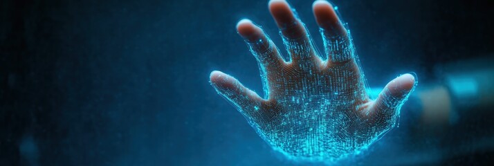 Poster - Silhouette of a hand featuring biometric scanners illuminated against a dark background
