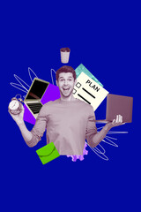 Aufkleber - Composite artwork collage template sketch of young man smile hold laptop clock plant coffee cup manager employment human resources job