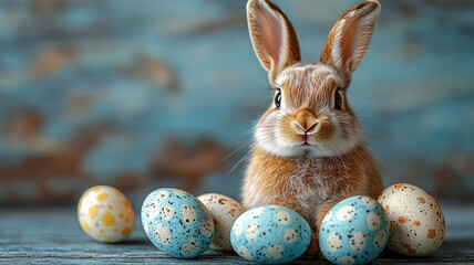 Wall Mural - Easter bunny, Easter coloured eggs on blue background. Easter card.