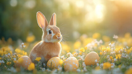 Wall Mural - Easter bunny, Easter coloured eggs, daffodil flowers and green grass. Easter card. 