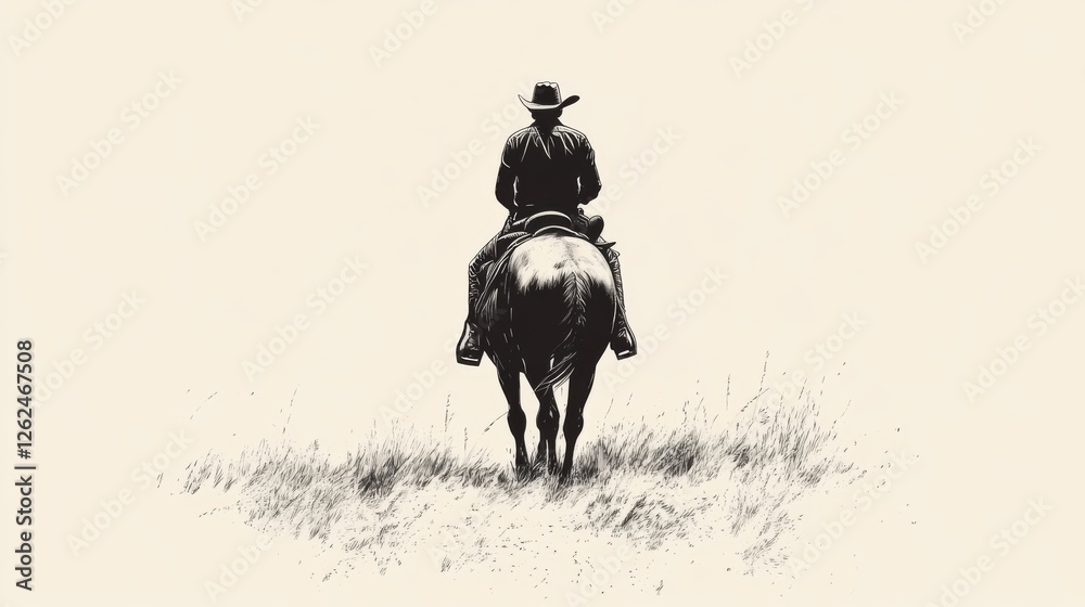 Lone cowboy riding horse, prairie background, western solitude, illustration