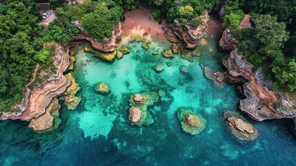 Poster - Aerial view of a secluded cove with turquoise water, rocky formations, and a small beach, perfect for travel and tourism promotion