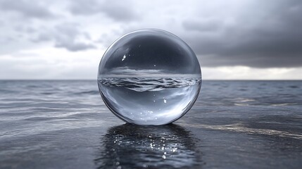 glass sphere reflects stormy ocean scene subtly showcasing moody atmosphere. ai generated