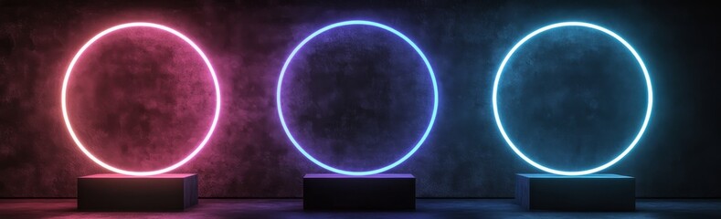 Poster - Virtual 3D render showcases three glowing neon rings in blue and pink, set on a sleek black background. These vibrant frames are perfect for highlighting product presentations.