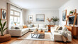 © Lola - Cosy and stylish interior design of living room with modular white sofa, wooden furnitures, paintings on the wall, decorations, windowsill and personal accessories. Home styling. Template, dinamic s