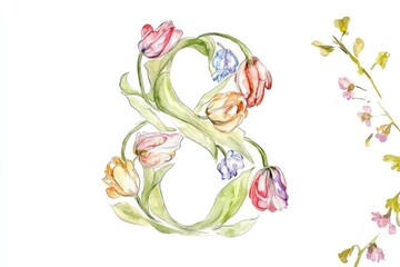 Canvas Print - Beautiful floral illustration featuring the number , adorned with colorful tulips and green leaves, perfect for spring themed designs and celebrations