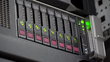 Wall Mural - Close Up Server Rack Cluster in a modern Data Center Disk storage server room Cloud computing