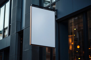 Wall Mural - minimalistic white frame  sign hanging behind a glass door , copy spaceGenerated Image