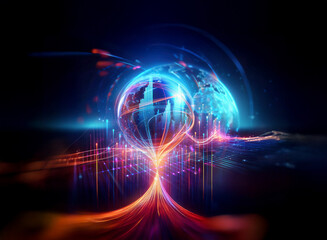Aufkleber - abstract digital artwork featuring a vibrant blue sphere emitting glowing lines of light against a d