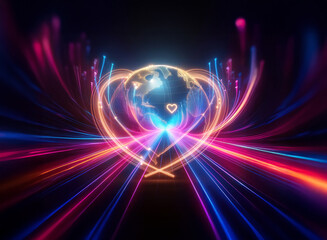 Wall Mural - abstract digital artwork featuring a glowing globe encased in a heart shape of vibrant light trails.