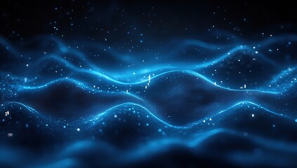 Poster - Abstract Blue Particle Waves Flowing Dynamically Across Screen, Creating a Mesmerizing Visual Experience