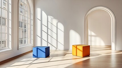 Sticker - Bright sunlight illuminates blue and orange cubes in minimalist room. AI Generated