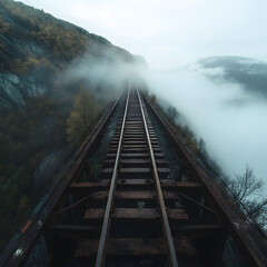 An abandoned train track disappearing into the fog, creating a haunting atmosphere.