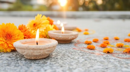 Wall Mural - Hindu ceremony diya lamps with marigold flowers on a stone surface during sunset for a festive celebration and spiritual atmosphere