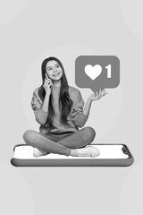 Leinwandbilder - Poster banner collage of millennial girl sit touchscreen have speak talk friend follower about blog popularity