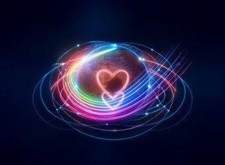 Wall Mural - a glowing pink heart is encircled by vibrant, swirling neon lines in blue, green, yellow, and red, c