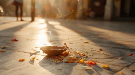 Wall Mural - Beautifully Lit Traditional Diya with Colorful Flower Petals on Urban Street Surface at Sunset during Cultural Celebration