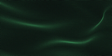 Poster - Abstract green particle background. Flow wave with dot landscape. Digital data structure. Future mesh or sound grid. Pattern point visualization. Technology vector illustration.