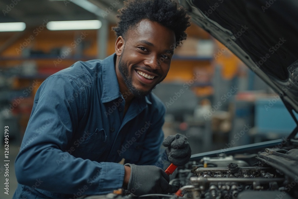 Confident 30-year-old Black male mechanic in work uniform, smiling ...