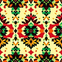 Wall Mural - Vibrant Tribal Pattern: A captivating seamless pattern displaying bold, geometric shapes in a rich palette of red, orange, green, and black against a creamy yellow background.