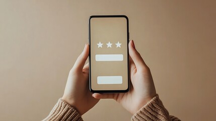 Warm light illuminates hands holding phone displaying five star review prompt. AI Generated