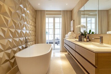 Poster - Elegant modern bathroom with minimalist design, featuring a freestanding tub and natural light in a serene space