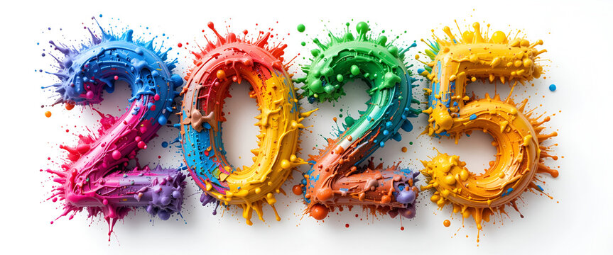 Happy Holi 2025 Celebration Banner with Colorful 3D Paint Clouds and Splashes on White Background