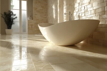 Poster - Elegant freestanding bathtub in a modern bathroom with natural light and stone walls for a serene atmosphere