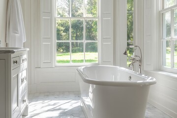 Poster - Modern bathroom design featuring a freestanding tub with a view of greenery on a sunny day