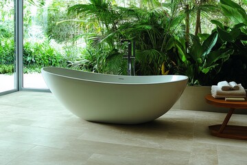 Aufkleber - Modern freestanding bathtub surrounded by lush greenery in a calming bathroom setting