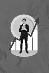 Poster - Creative retro 3d magazine collage image of busy smiling worker earning cash modern device isolated painting background