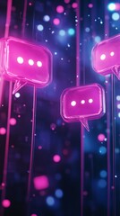 Poster - Bright pink chat bubbles are suspended in a dark, colorful environment, creating an engaging atmosphere that represents digital communication and social interaction
