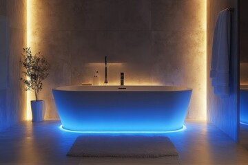 Poster - Modern bathroom with ambient lighting and a sleek freestanding bathtub enhancing relaxation at nighttime