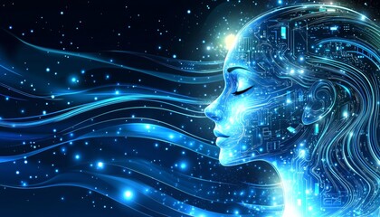 Poster - artificial intelligence stylized human head with circuit boards on deep blue, illustration