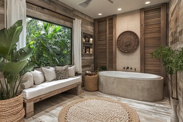 Poster - Elegant spa-like bathroom design with natural elements and soothing decor in a tropical setting