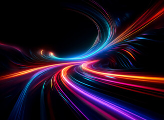 Wall Mural - dynamic abstract of vibrant swirling light trails. blue, red, orange, purple hues on dark background