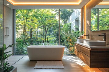 Aufkleber - Modern bathroom design featuring greenery and natural light in a serene environment