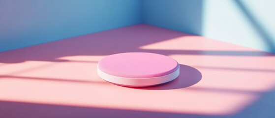 Poster - A round pink object rests on a pastel pink surface, illuminated by bright light, casting soft shadows in an indoor setting during the daytime