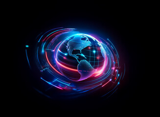 Wall Mural - a luminous, stylized globe displays blue continents, encircled by dynamic, swirling red and blue lig