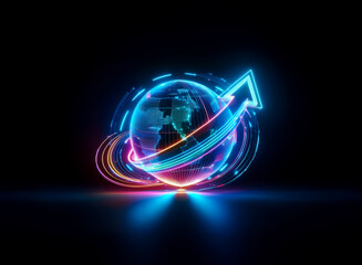 Poster - glowing globe encircled by a vibrant arrow, illuminated in bright neon shades against a stark black 