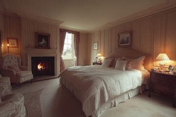 Canvas Print - Cozy bedroom with a fireplace and elegant decor creates a warm retreat in a luxurious home