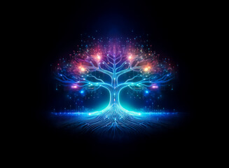 Poster - glowing tree with vibrant lights against a dark background. blue, pink, and orange hues illuminate b