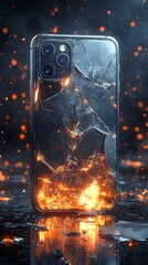 Poster - A smartphone with a cracked screen emanates a glow of fiery sparks, amidst a backdrop of glowing particles in a dark environment at night