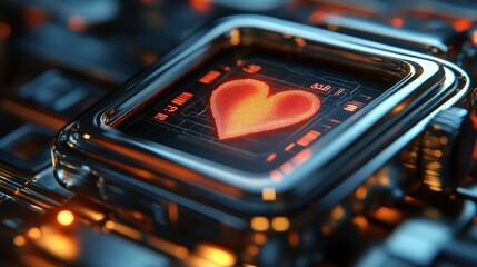 Poster - A heart symbol illuminates a digital display, surrounded by a complex circuit design, resting on a sleek keyboard emphasizing technology and connection