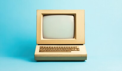 Poster - A retro-style computer with a beige casing and a simple screen, set against a light blue background.